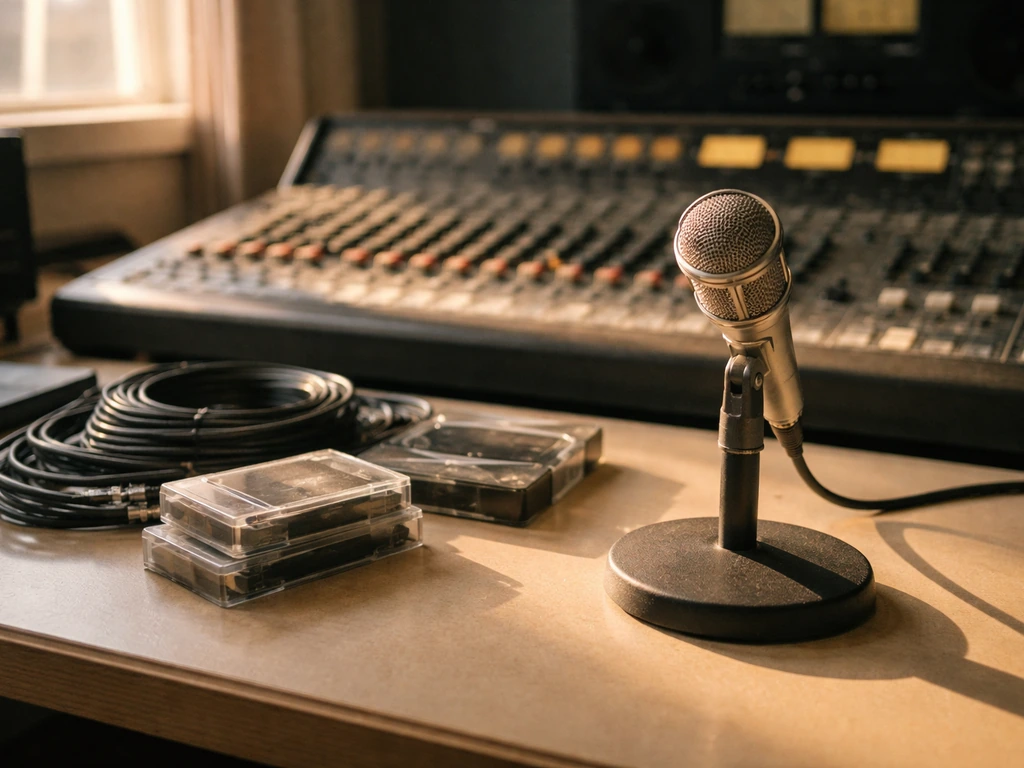Vintage studio control room with a microphone and analog equipment representing music royalties calculation