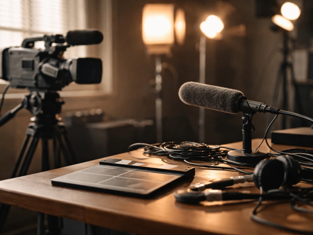Unoccupied 1990s studio workspace with a video camera, microphone stand, and desk cables.