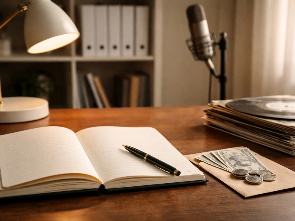 Minimal desk scene with notebook, pen, coins, vinyl, and a blurred microphone, symbolizing earnings streams