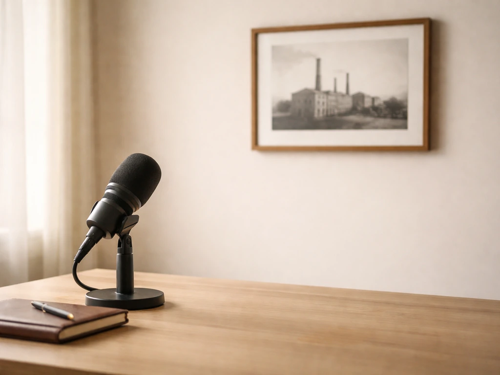 Quiet podcast-style studio desk with microphone and notebook beside a framed business photo, symbolizing career income.