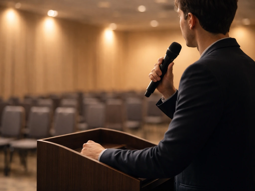 Anonymous speaker at a podium with a handheld microphone on a small event stage, conference chairs behind