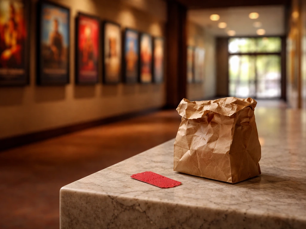 Sunlit cinema hallway with a blurred movie-poster backdrop hinting at a studio film adaptation.