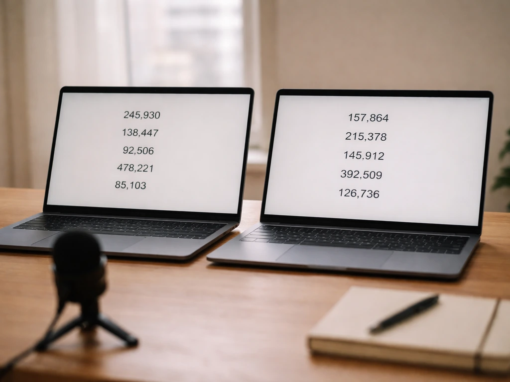 Minimal office desk with two open laptops showing conflicting figures, symbolizing unreliable net worth claims.