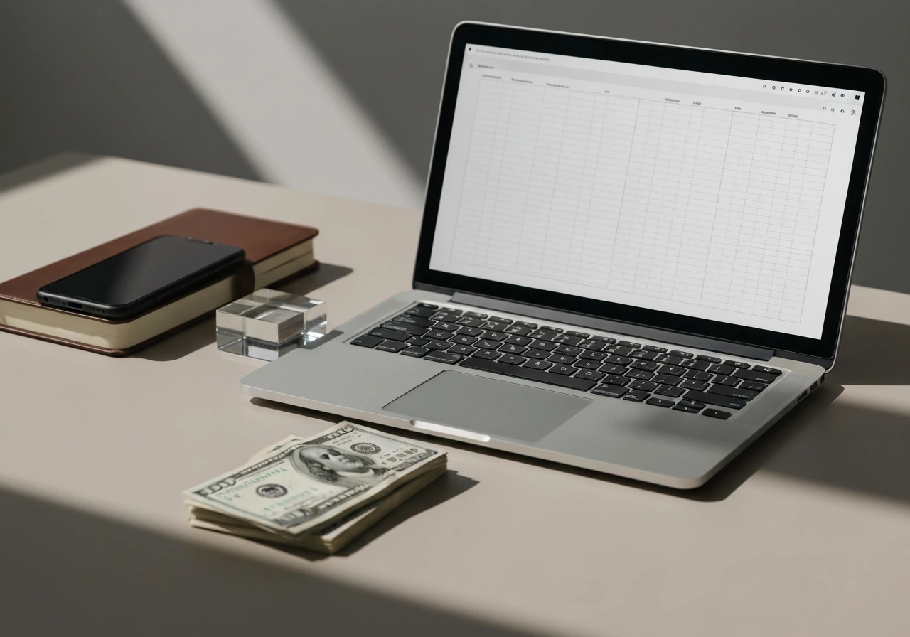 Minimal desk with laptop, cash, and paperweight symbolizing conservative vs aggressive net worth estimation.