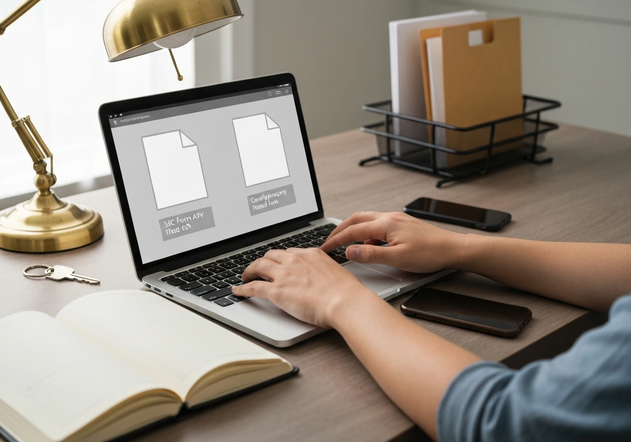 Hands checking a laptop and documents on a desk, symbolizing SEC and property record verification.