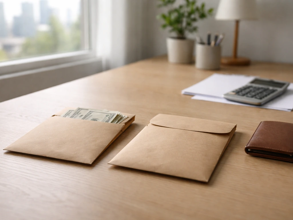 Minimal desk scene with wallet and documents beside two unlabeled envelopes, suggesting assets minus liabilities.
