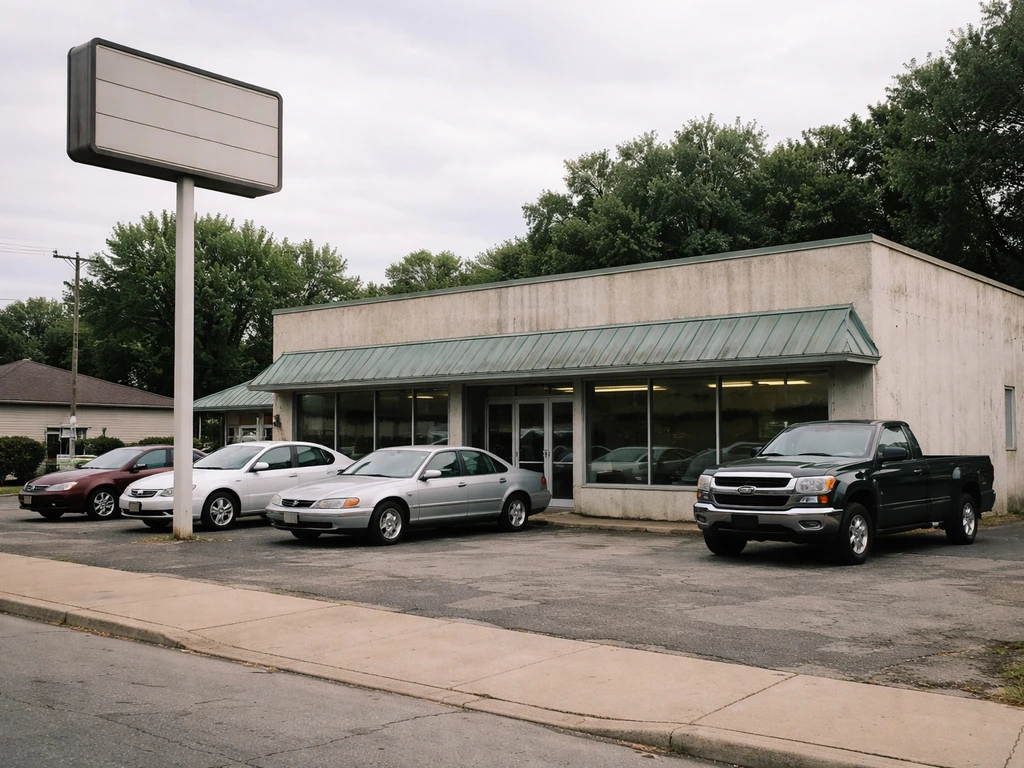 1990s car dealership exterior with vintage signage and parked cars in a quiet suburban street
