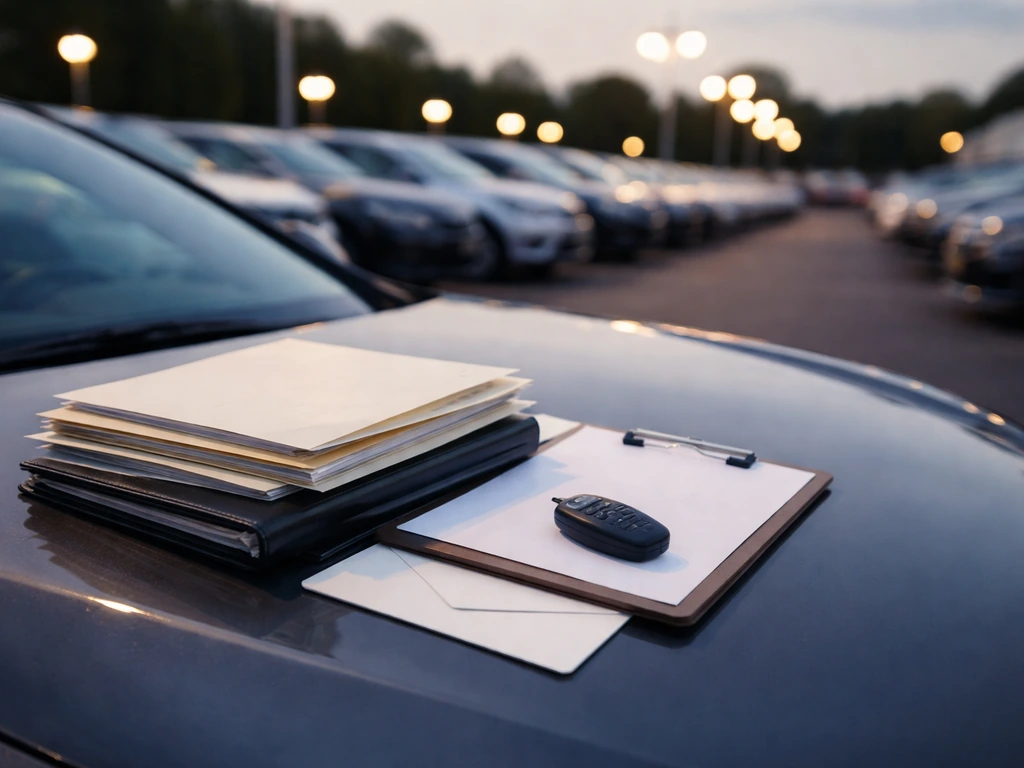 Generic dealership paperwork and folders on a car hood, with softly blurred vehicle inventory behind.