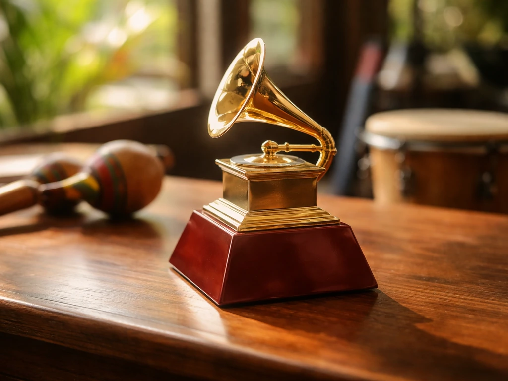 Latin Grammy–style award statuette on a wooden desk with softly blurred tropical music instruments.
