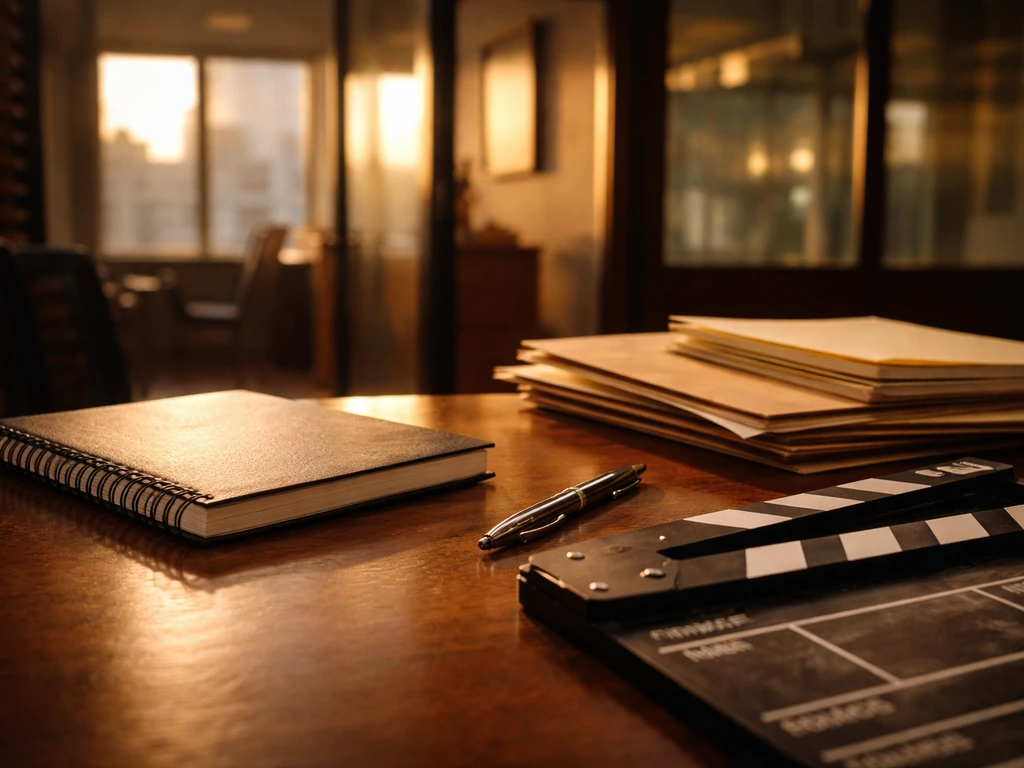 Minimal film-office desk with clapperboard and script notebook symbolizing media earnings.