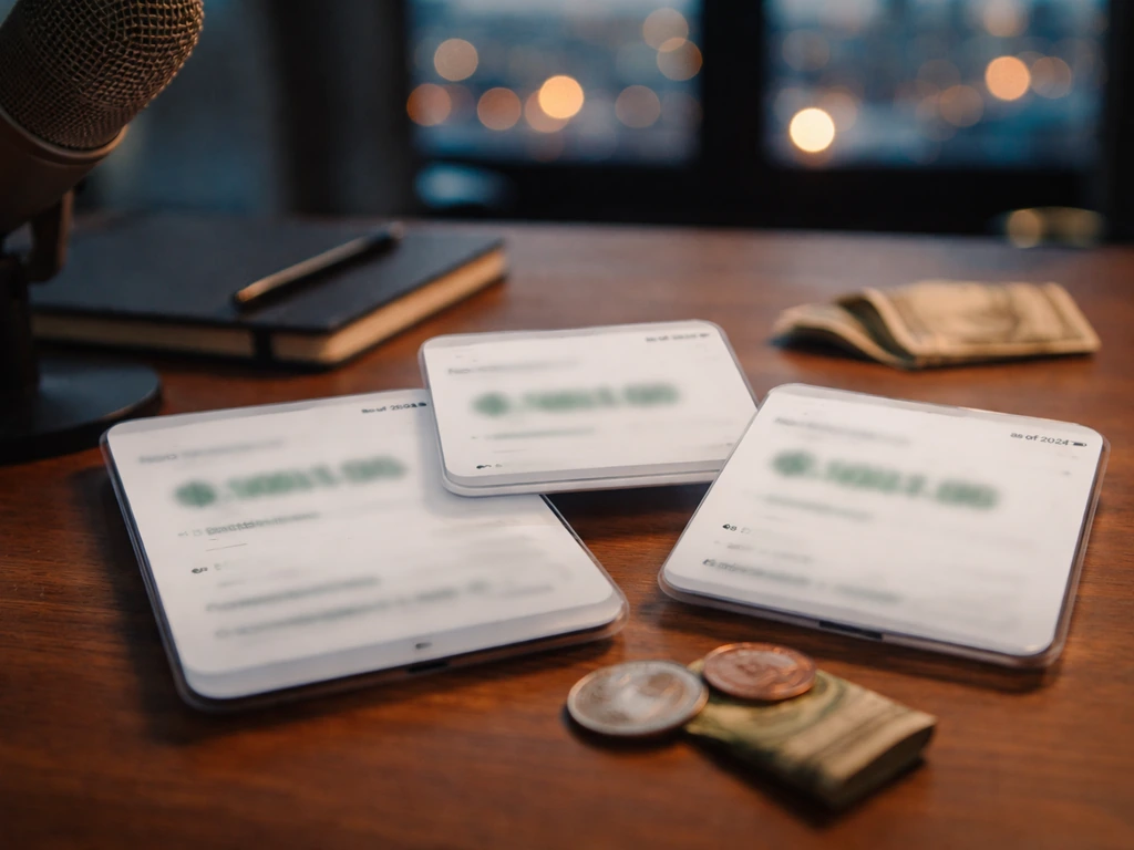 Minimal photo collage showing blurred web-like cards about an ‘as of 2024’ net worth estimate