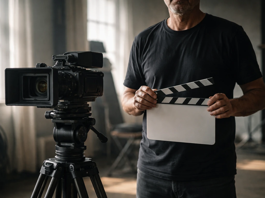 Anonymous director on a film set behind a tripod camera, holding a blank slate in natural light.