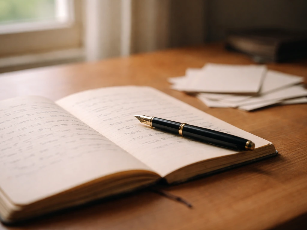 Open notebook and fountain pen on a wooden desk in warm natural light, evoking writing and playwriting.