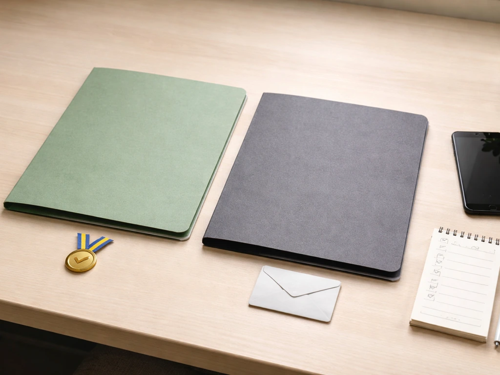 Minimal desk scene with two colored folders, a medal charm beside one and a blank envelope beside the other.