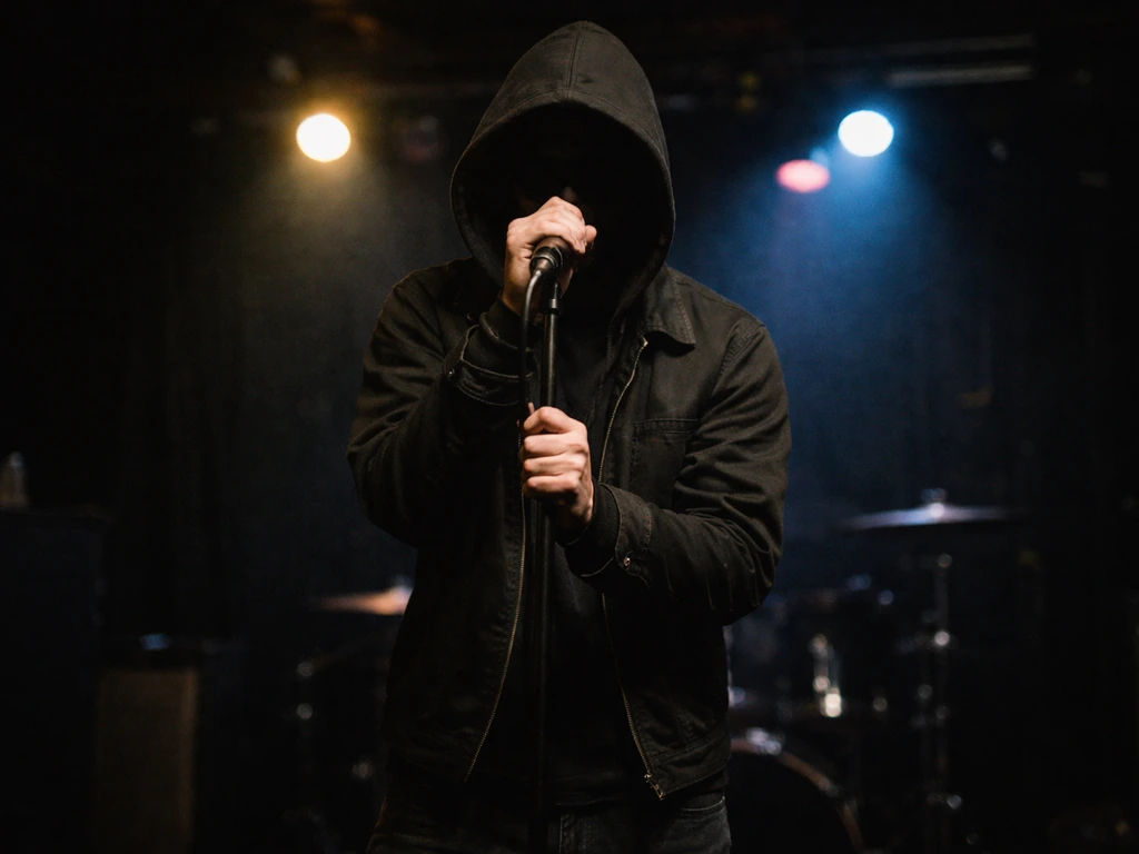 Anonymous musician performing on stage with a microphone, dark venue lights, hint of punk rock energy