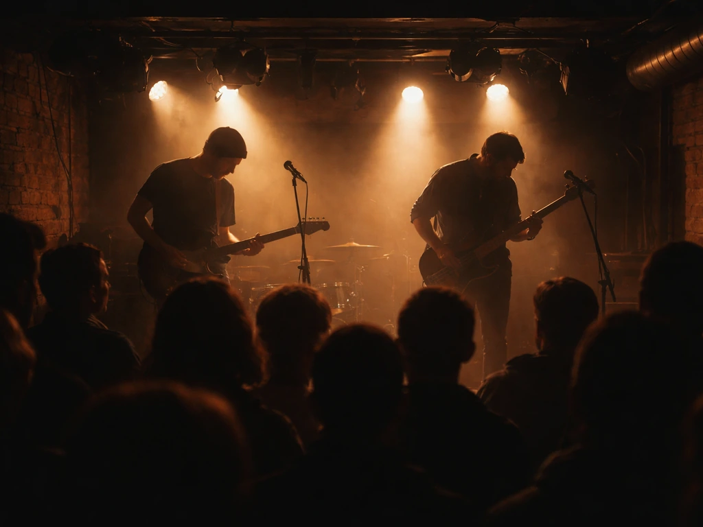 Dim underground club stage in Stockholm with instruments and silhouetted crowd under warm lights