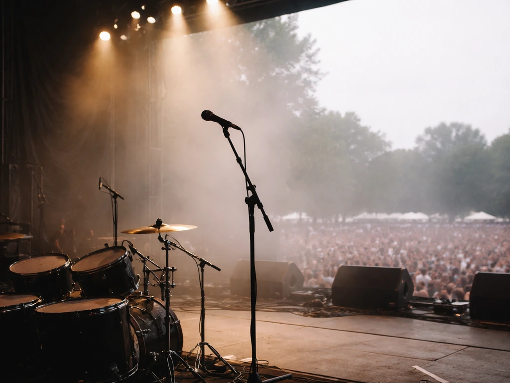 Festival stage with microphone stand and drum kit, softly lit haze and blurred crowd in the distance.