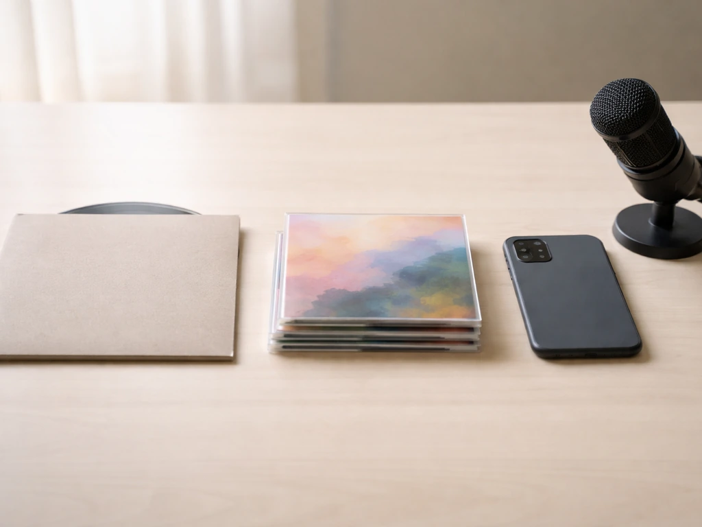 Minimal desk scene showing generic media items side-by-side with a microphone and smartphone for comparison.