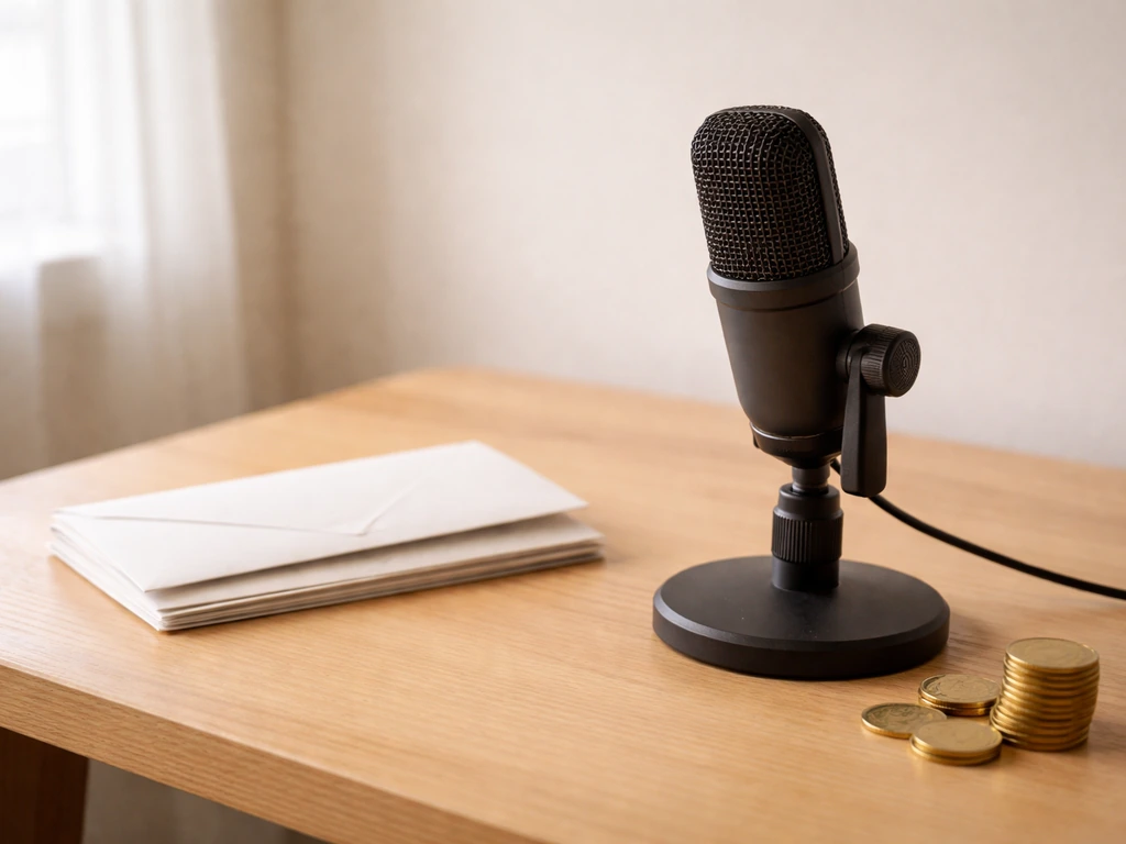Minimal photo of a tidy desk with a microphone, envelopes, and a coin for a net-worth range theme.