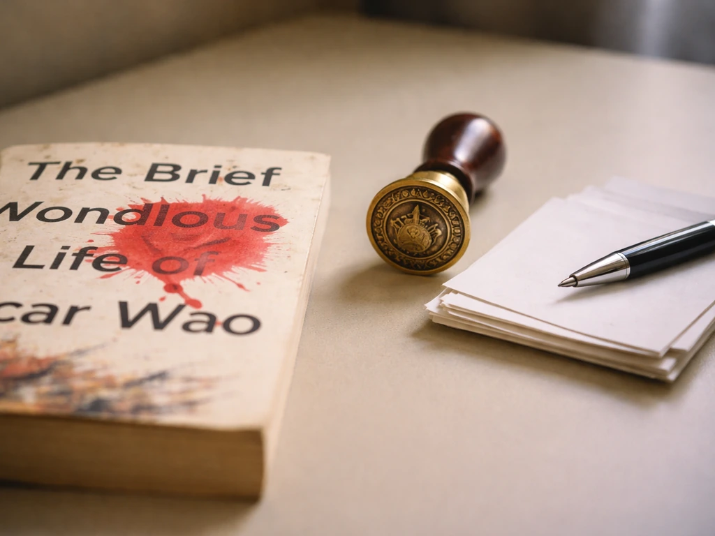 Close-up of a book on a desk with a symbolic royalty stamp impression and a pen over blank paper.