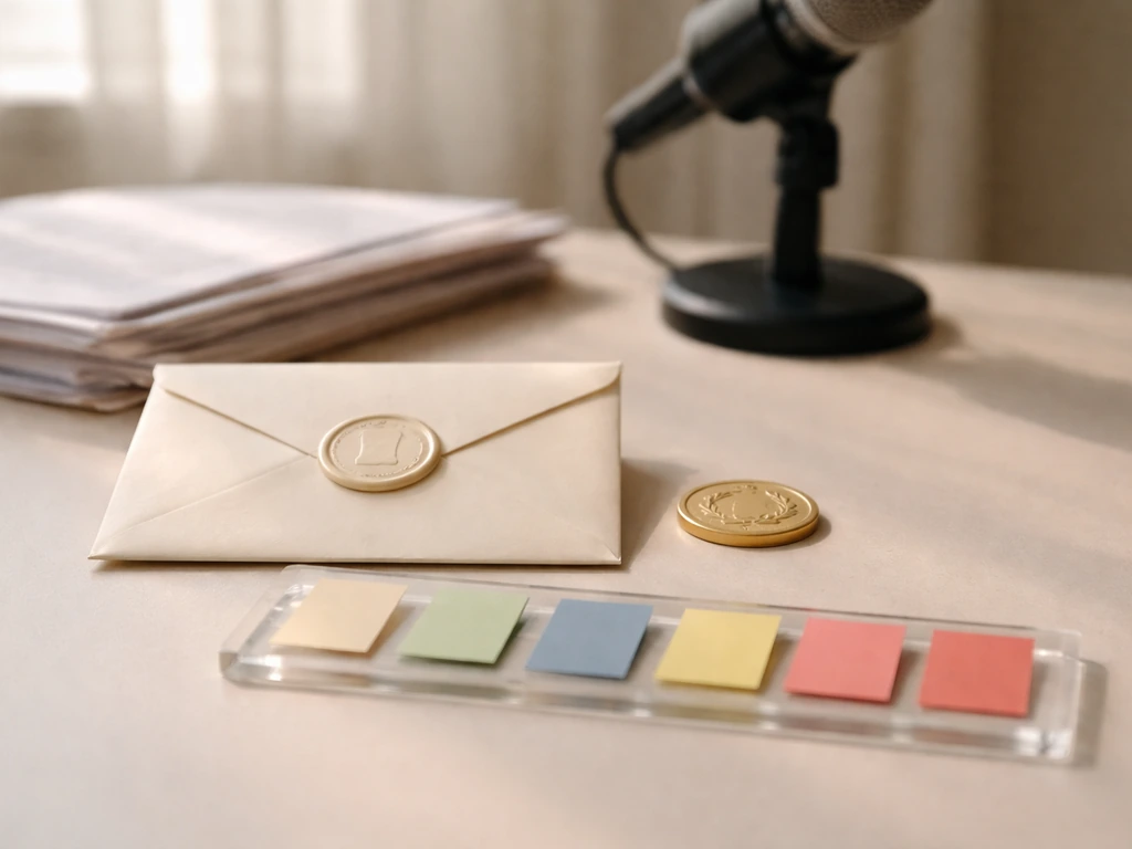 Desk with an award envelope and small gold medallion beside five unlabeled paper tabs indicating a five-year stipend.