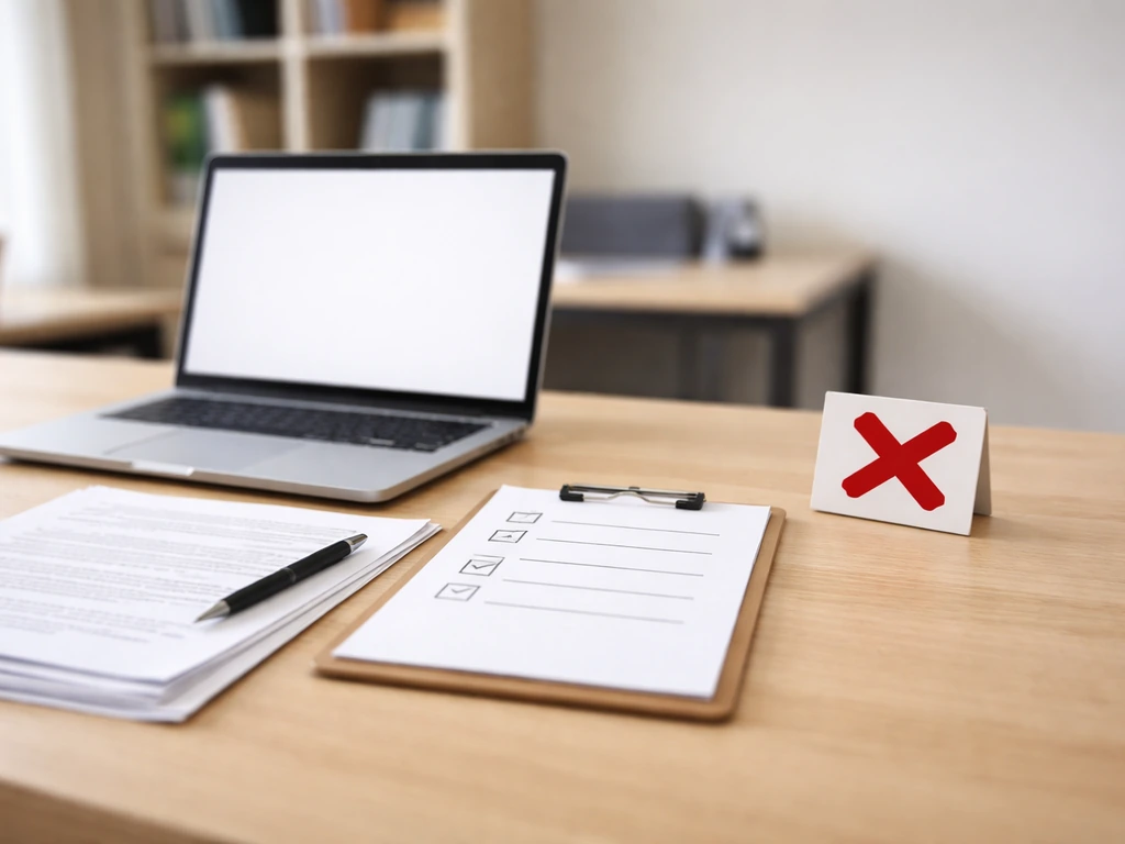 Minimal desk scene with papers and an abstract checked clipboard beside a red X card symbolizing no public filings.