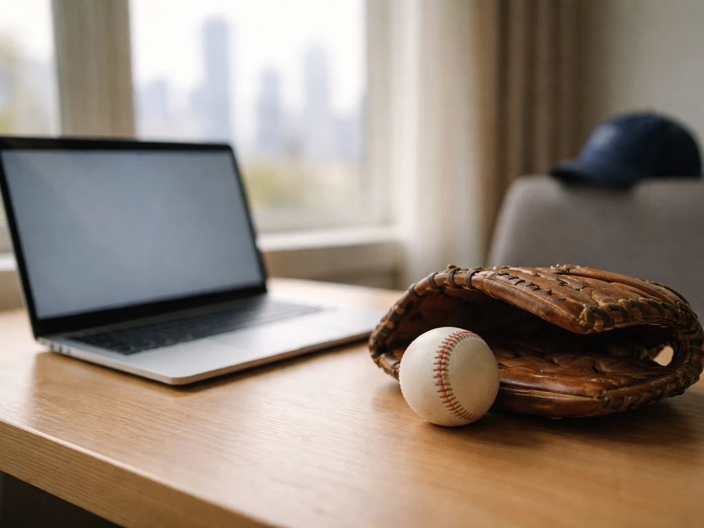 Baseball-themed finance vibe: worn glove and baseball beside a laptop in a quiet office setting
