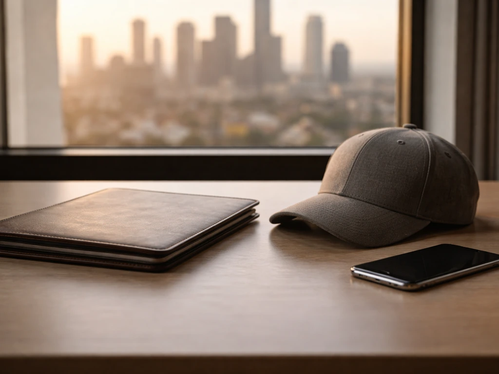 Minimal desk scene with leather portfolio and baseball cap beside a phone, city skyline blurred in back
