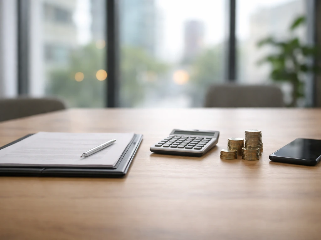 Minimal photo of a financial planning desk with contract papers, calculator, and scattered coins suggesting net-worth es