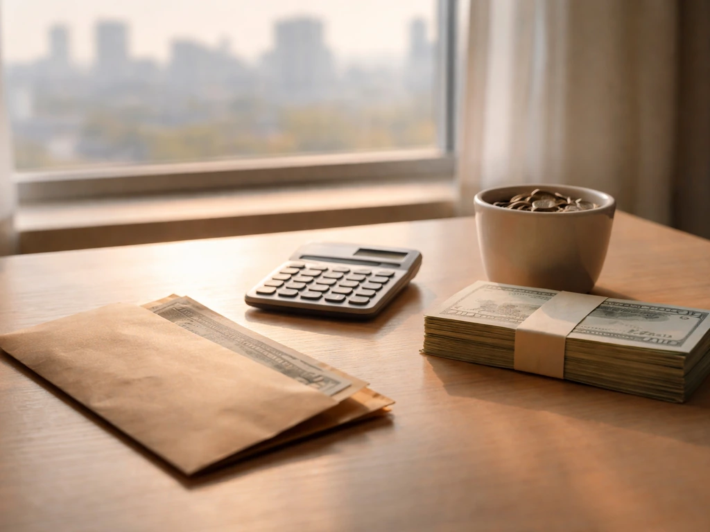 Minimal photo of a cash envelope beside a calculator on a desk with a blurred city view, suggesting a net-worth range.