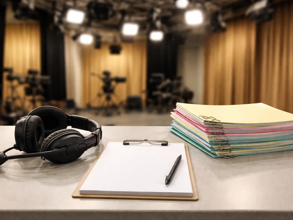 Minimal TV studio desk with unbranded headset and organized scripts symbolizing different role tiers.
