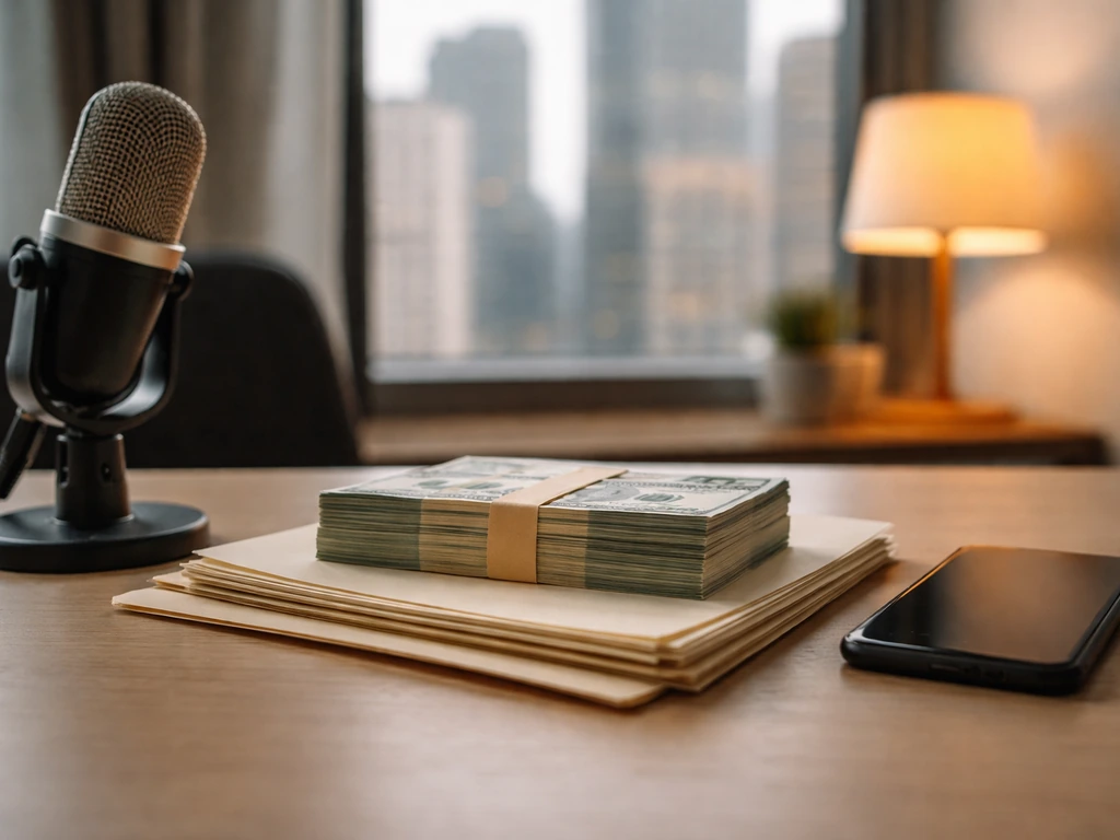 Studio desk with a microphone and neatly stacked cash-colored folders, city view through a window.