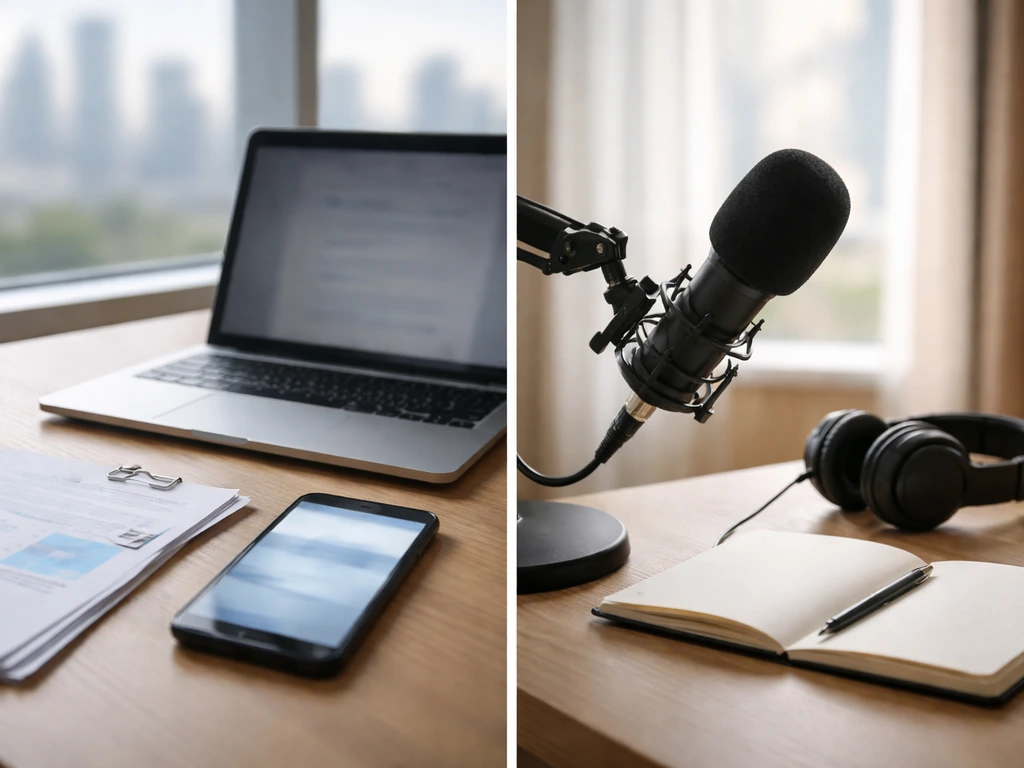 Minimal split-screen style images: finance desk, phone search icons, and a microphone setup showing name confusion
