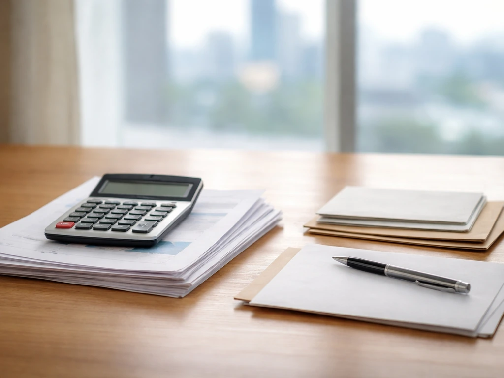Minimal desk scene with scattered financial papers and a calculator, symbolizing net worth estimation models.