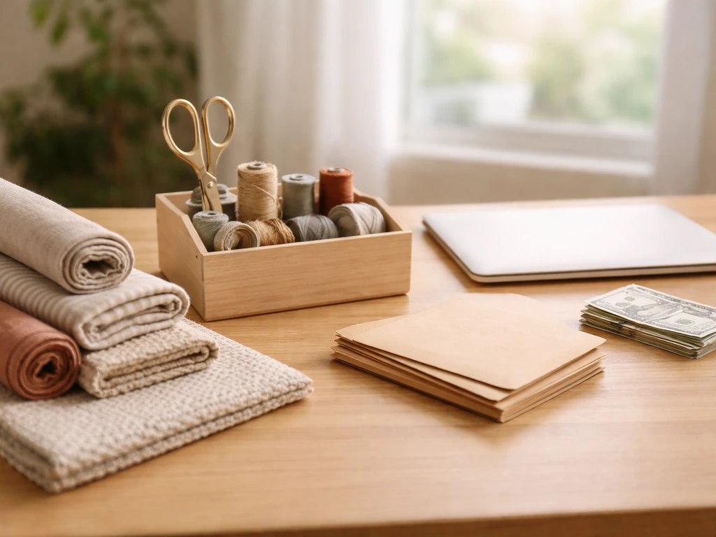 Neatly organized crafting worktable with fabric rolls, business supplies, and subtle money cues, no people.