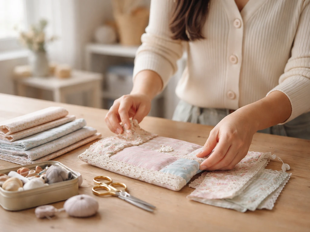 Craft creator arranging handmade pieces at a wooden table in soft natural light.