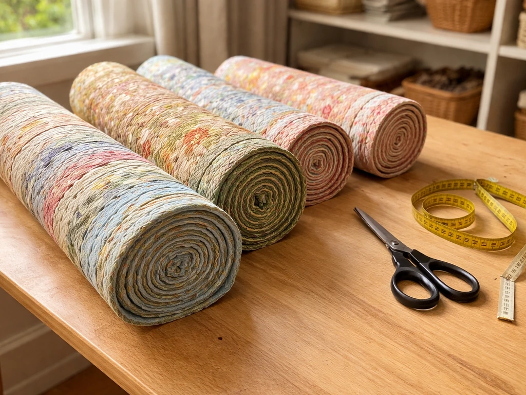Handmade jelly-roll rugs laid out on a worktable with sewing tools nearby