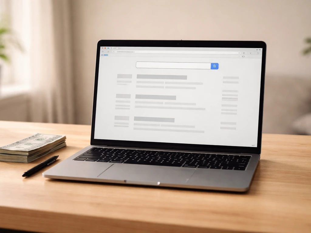 Minimal desk scene with a laptop showing a generic web search page layout, no readable text