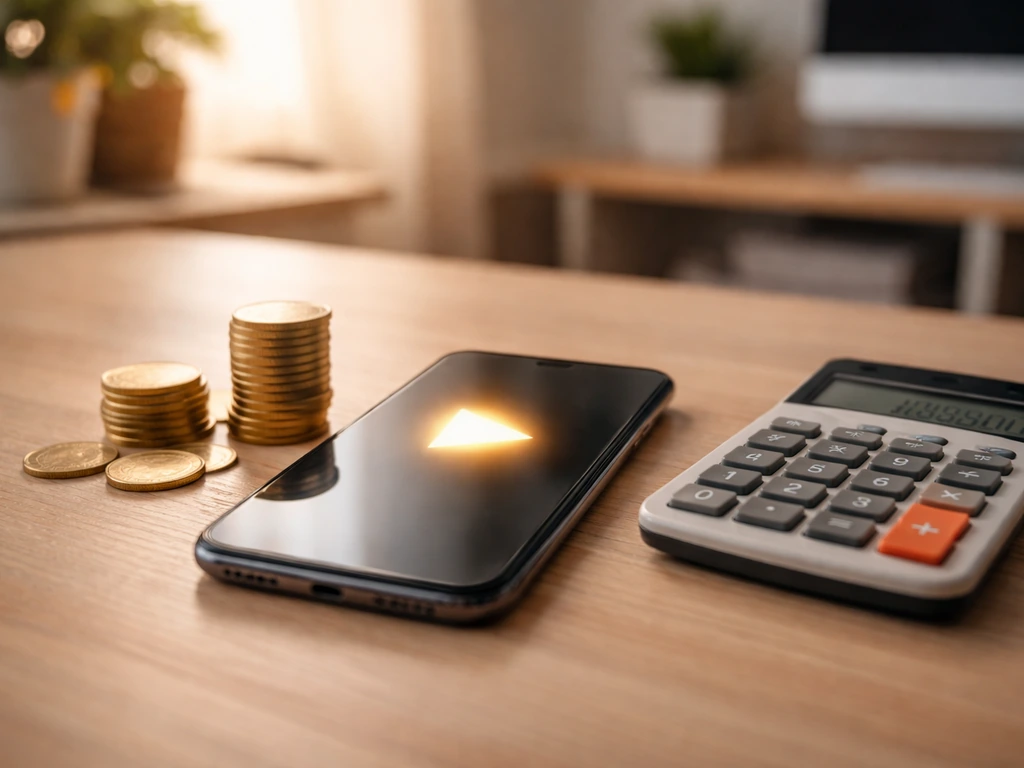 Minimal desk with stacked coins, a phone showing a vague play-like glow, and a calculator nearby.