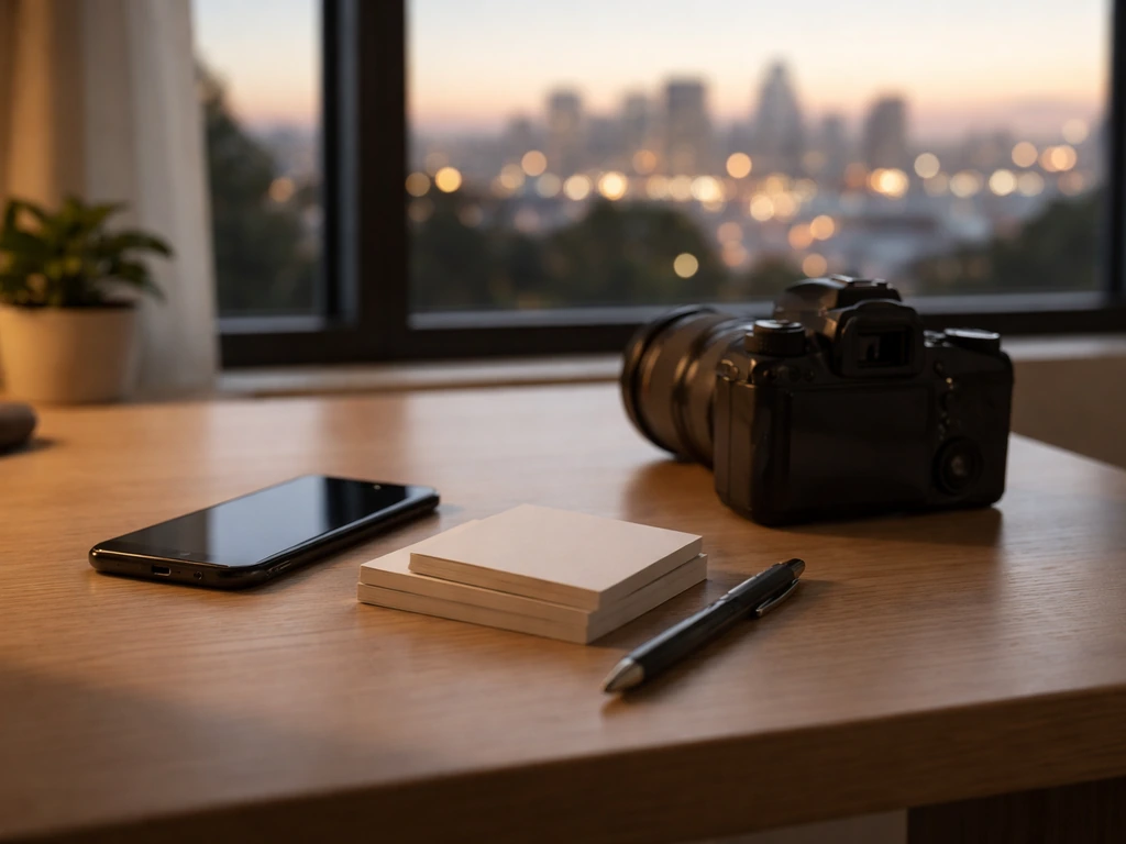 Minimal office desk scene with a camera, smartphone, and soft city-light bokeh suggesting a content creator’s net worth.