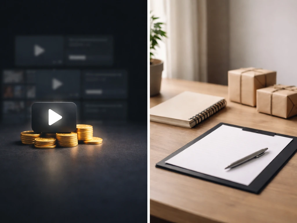 Minimal split-screen scene with a YouTube-style play icon and generic brand deal cues showing monetization.