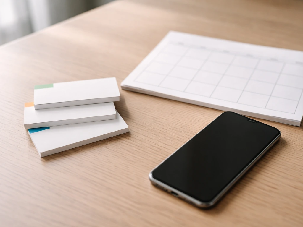 Minimal desk scene with anonymous sponsorship deal cards and a calendar page showing dates conceptually.
