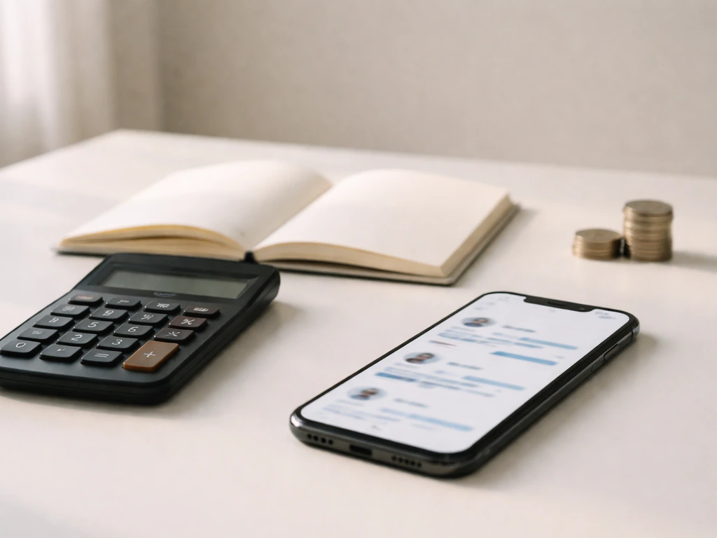 Minimal desk scene with calculator and smartphone showing blurred social analytics, symbolizing net worth estimate input