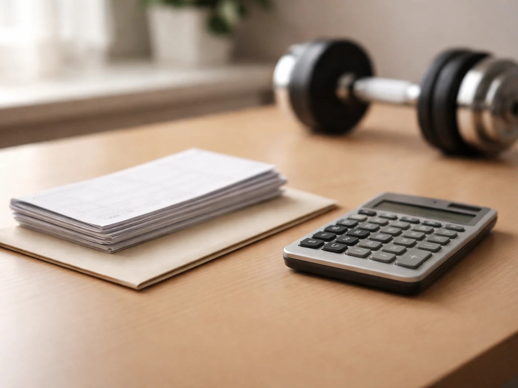 Minimal desk scene with bank statements and calculator, symbolic of assets minus liabilities for an athlete.