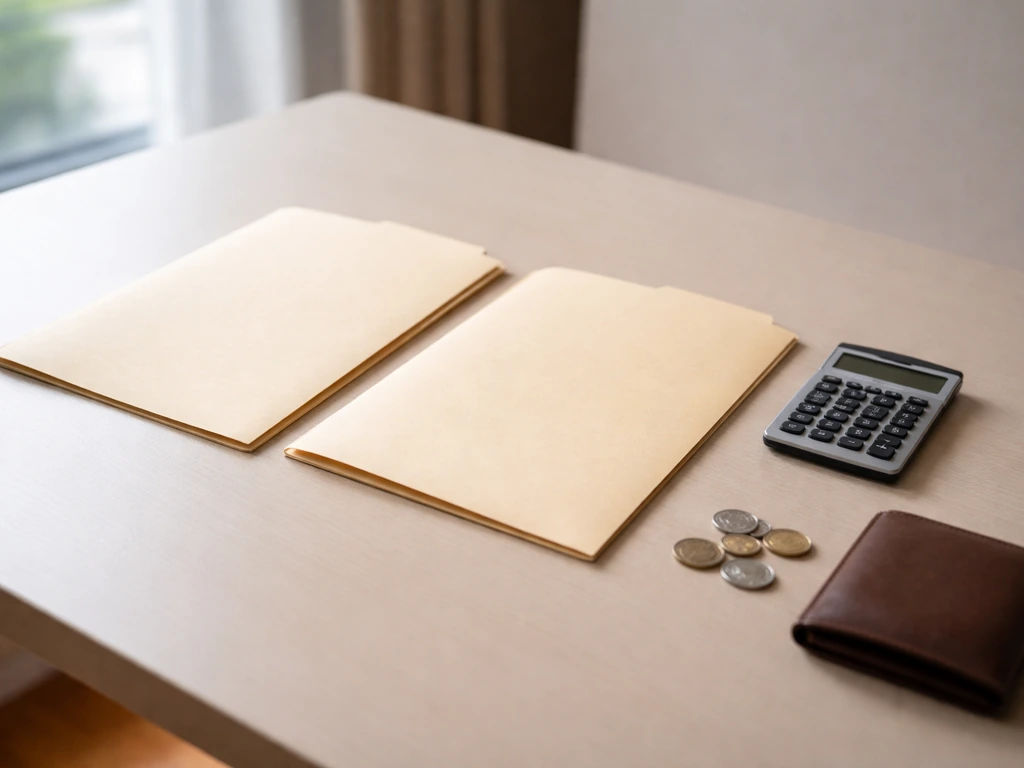 Minimal photo of a desk with two stacked folders and a calculator, suggesting differing net-worth estimates