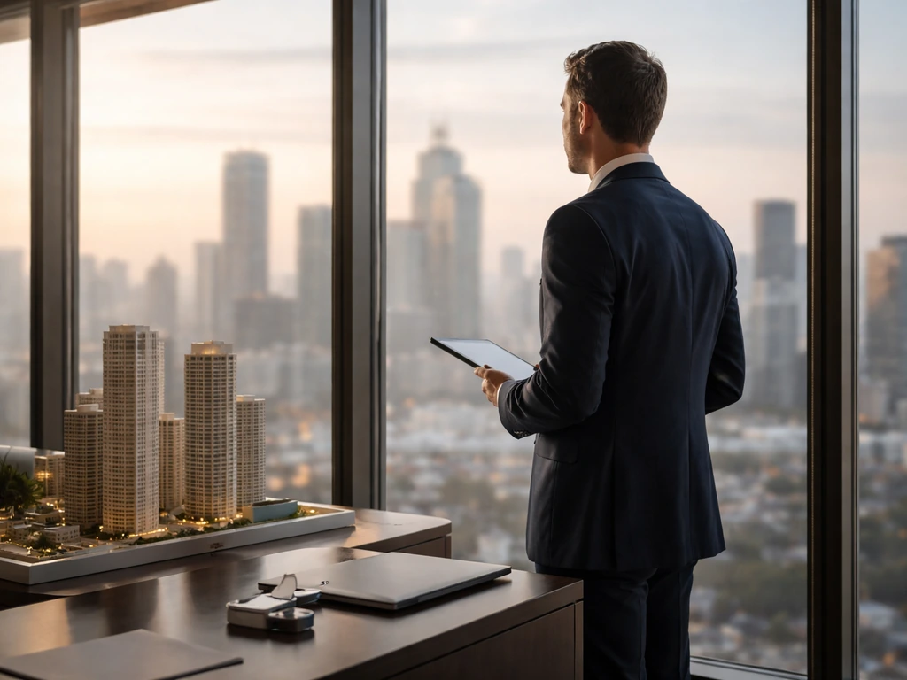Anonymous suited real-estate executive in a modern office by a window with a city skyline view
