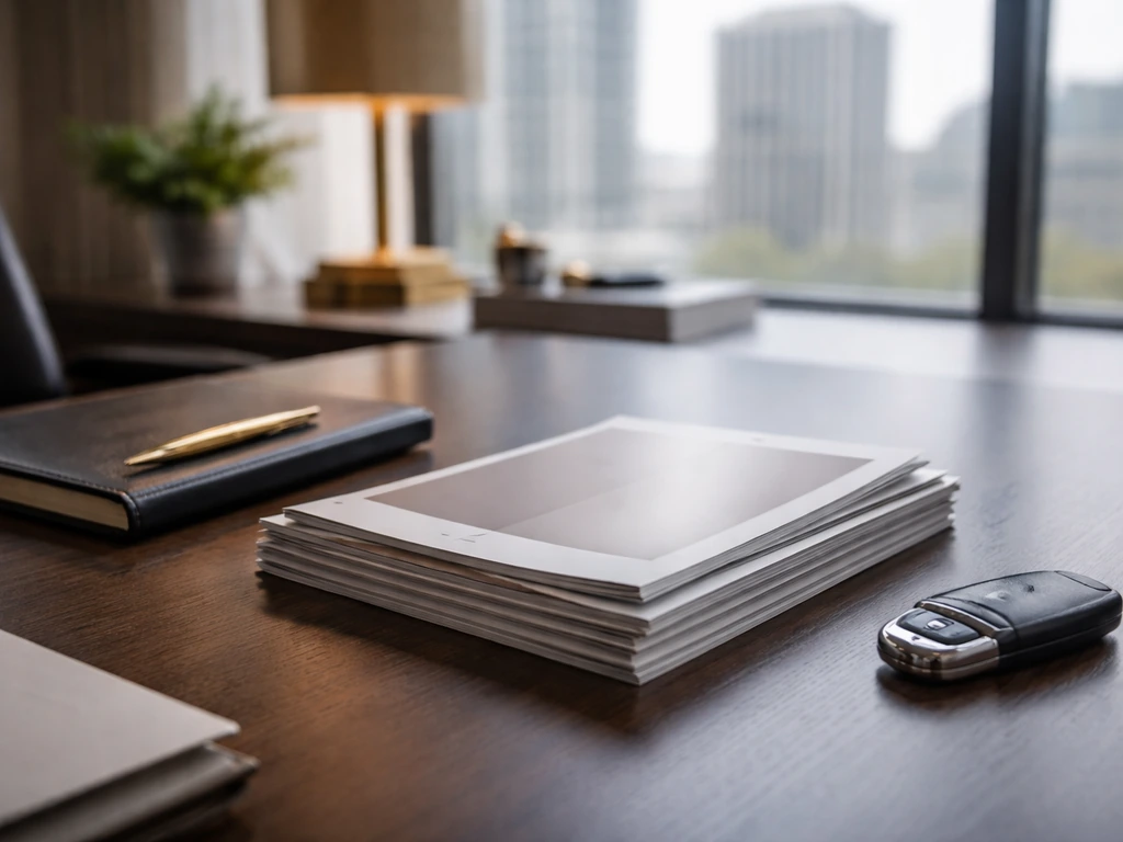Modern office desk with blank magazine pages, gold pen, and key fob suggesting a widely cited figure.