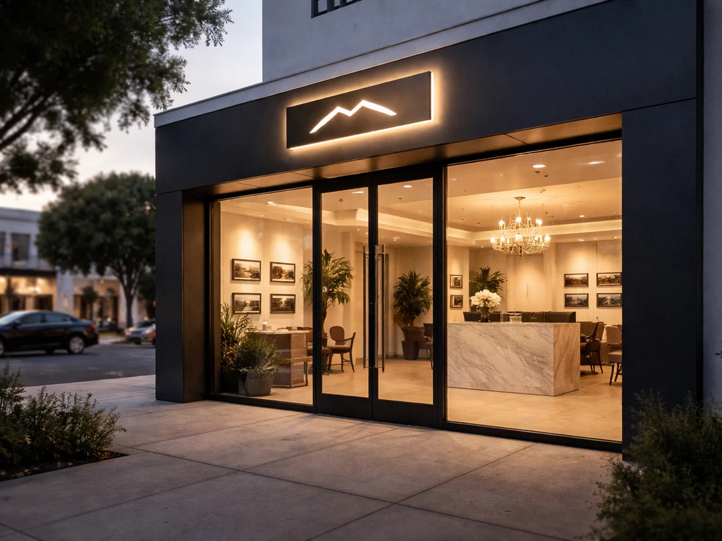 Exterior of a Beverly Hills real estate brokerage office with warm light glowing in the entrance.