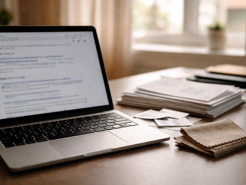 Close-up of a desk with scattered printed reports and a laptop showing blurred financial search results vibe