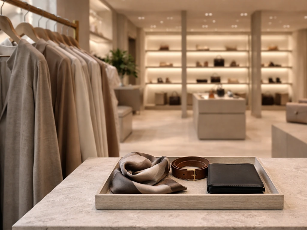 Luxury retail display with neatly arranged designer-style accessories suggesting a long career progression